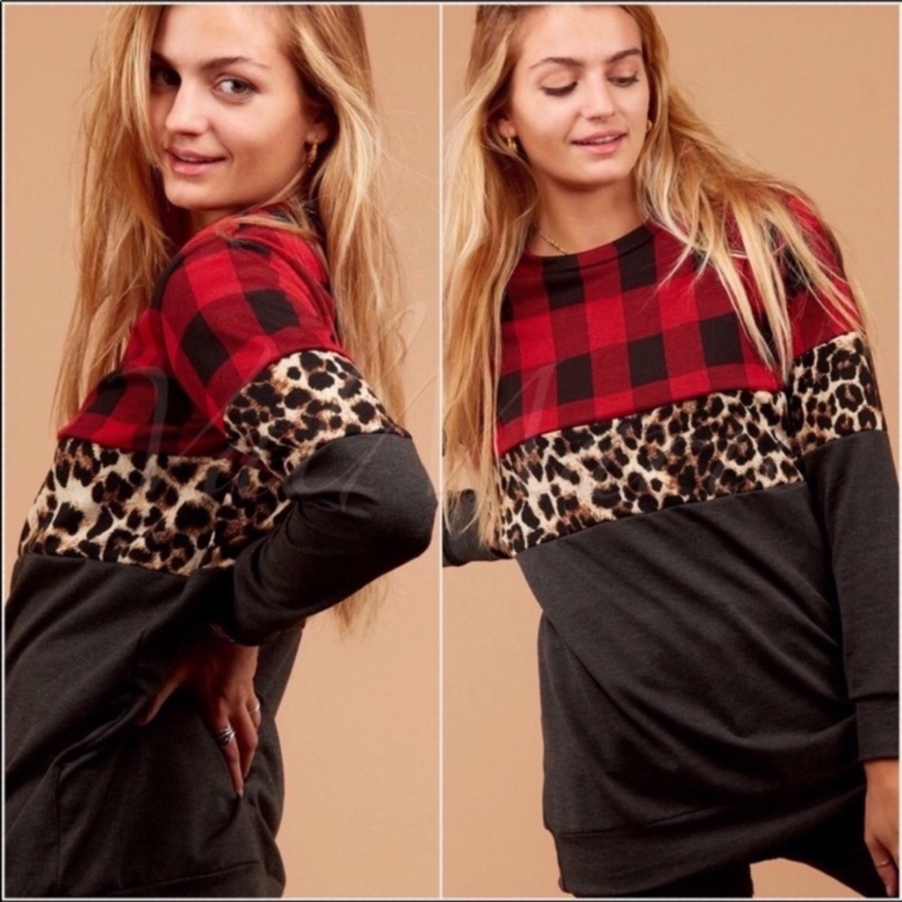 🆕NEW🛍️Leopard Print Buffalo Check Pullover
